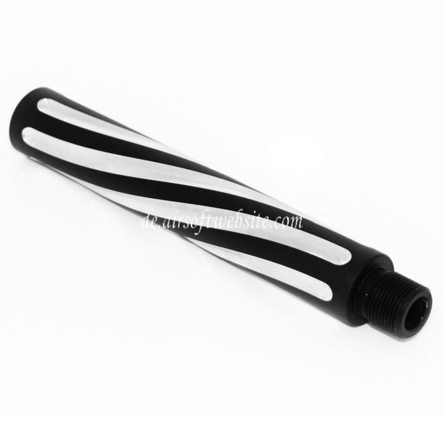 Airsoft Website 4.5 Zoll Aluminium 2-Tone Spiralförmig geriffelt Äußeres Lauf verlängerungsrohr -14mm CCW Gegen den Uhrzeigersinn AEG GBB Schwarz/Silver