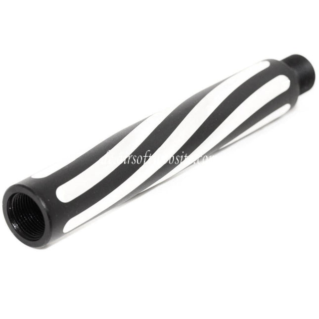 Airsoft Website 4.5 Zoll Aluminium 2-Tone Spiralförmig geriffelt Äußeres Lauf verlängerungsrohr -14mm CCW Gegen den Uhrzeigersinn AEG GBB Schwarz/Silver