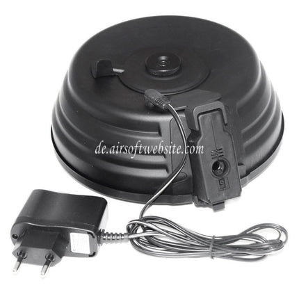CYMA 2500rd Sheet Stahl Kabel und Soundsteuerung Elektrisch Trommelmagazin mit EU 220v Plug Charger Geeignet für AK Serie AEG Gewehre Airsoft Schwarz